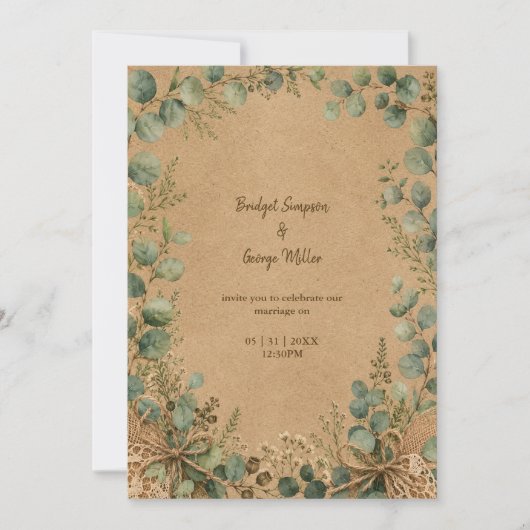 Rustieke Kraft Eucalyptus kant Bruiloft  Kaart (Voorkant)