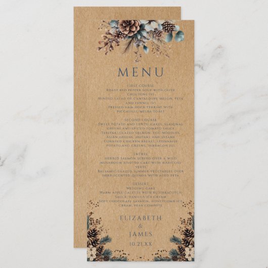 Rustieke Kraft Forest Bloemen Pinecones bruiloft Menu (Voorkant / Achterkant)