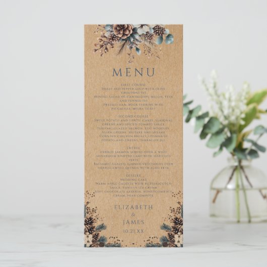 Rustieke Kraft Forest Bloemen Pinecones bruiloft Menu (Staand voorkant)