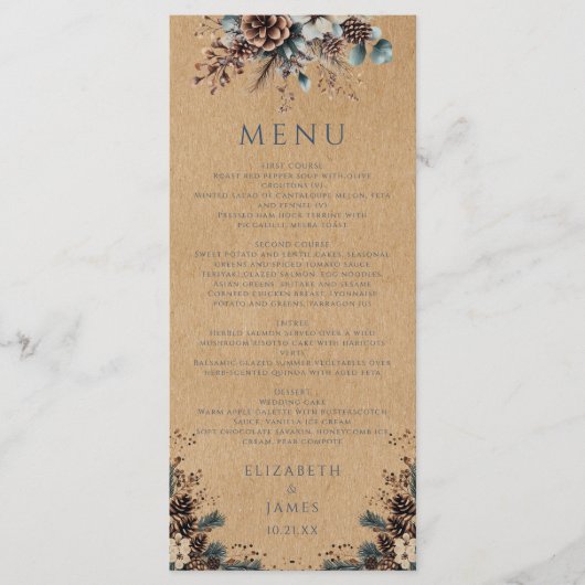 Rustieke Kraft Forest Bloemen Pinecones bruiloft Menu (Voorkant)