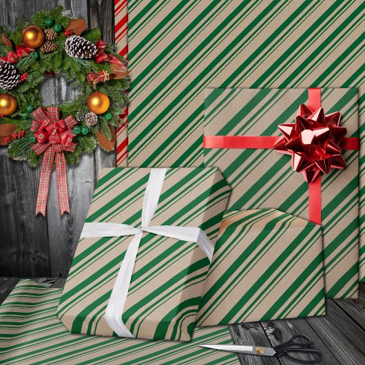 Rustieke Kraft Forest Green Snoep Stripes Vakantie Cadeaupapier
