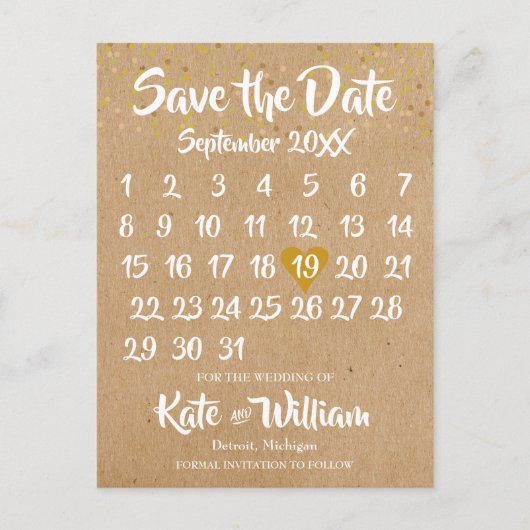 Rustieke Kraft Gold Heart Kalender Save the Date Aankondigingskaart (Voorkant)