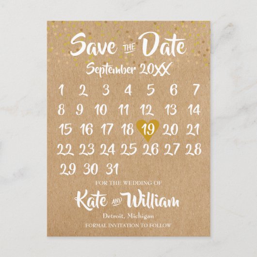 Rustieke Kraft Gold Heart Kalender Save the Date Briefkaart (Voorkant)