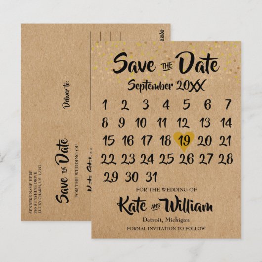 Rustieke Kraft Gold Heart Kalender Save the Date Briefkaart (Voorkant / Achterkant)