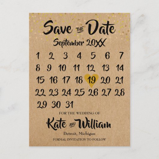 Rustieke Kraft Gold Heart Kalender Save the Date Briefkaart (Voorkant)