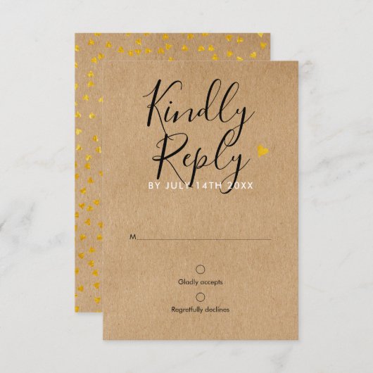 Rustieke Kraft Gouden Hart Chic Script Bruiloft RS RSVP Kaartje (Voorkant / Achterkant)