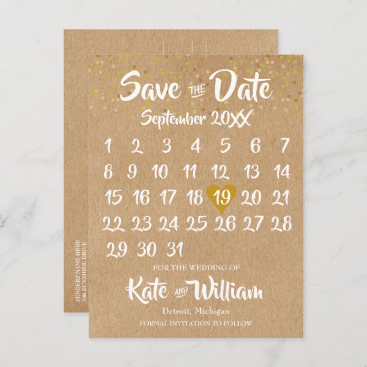 Rustieke Kraft Gouden Hart Kalender Bewaar de Datu Aankondigingskaart (Voorkant / Achterkant)