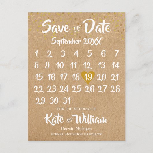 Rustieke Kraft Gouden Hart Kalender Bewaar de Datu Briefkaart (Voorkant)