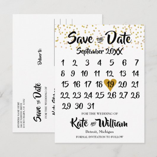 Rustieke Kraft Gouden Hart Kalender Save the Date Aankondigingskaart (Voorkant / Achterkant)