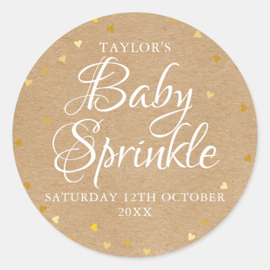 Rustieke kraft gouden harten baby sprinkle ronde sticker (Voorkant)