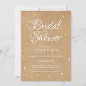 Rustieke kraft gouden harten confetti bruidsfeest kaart (Voorkant)