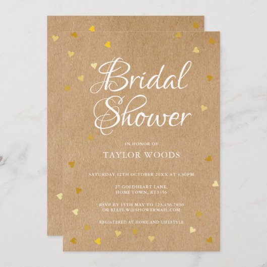 Rustieke kraft gouden harten confetti bruidsfeest kaart (Voorkant / Achterkant)