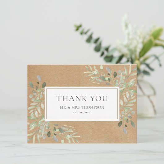 Rustieke Kraft groen bladeren dank u Bedankkaart (Staand voorkant)