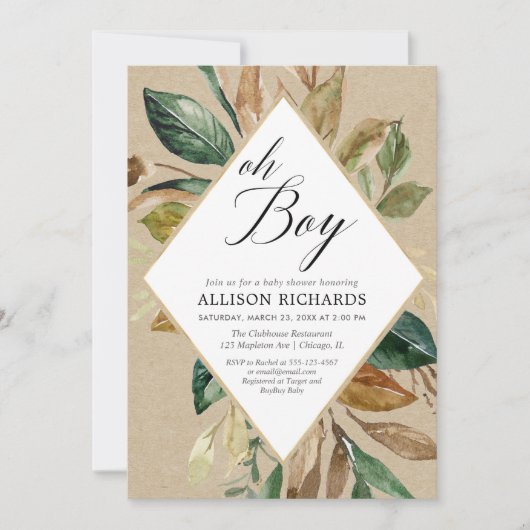 Rustieke kraft groen gebladerte jongen herfst baby kaart (Voorkant)