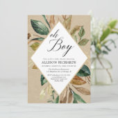 Rustieke kraft groen gebladerte jongen herfst baby kaart (Staand voorkant)