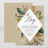 Rustieke kraft groen gebladerte jongen herfst baby kaart (Voorkant / Achterkant)