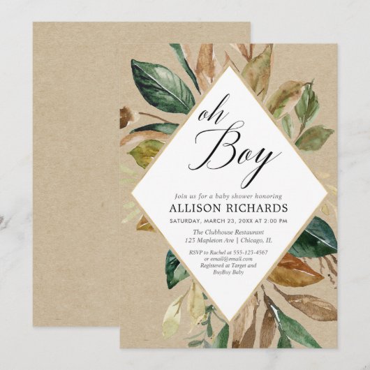 Rustieke kraft groen gebladerte jongen herfst baby kaart (Voorkant / Achterkant)