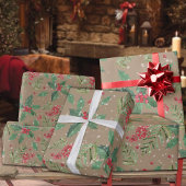 Rustieke Kraft Groene Holly Berries & Spruce Branc Cadeaupapier
