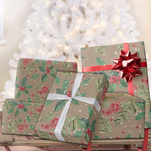 Rustieke Kraft Groene Holly Berries & Spruce Branc Cadeaupapier