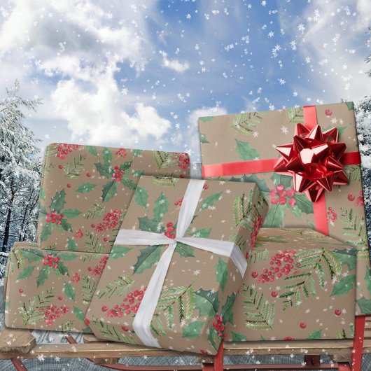 Rustieke Kraft Groene Holly Berries & Spruce Branc Cadeaupapier