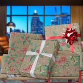 Rustieke Kraft Groene Holly Berries & Spruce Branc Cadeaupapier