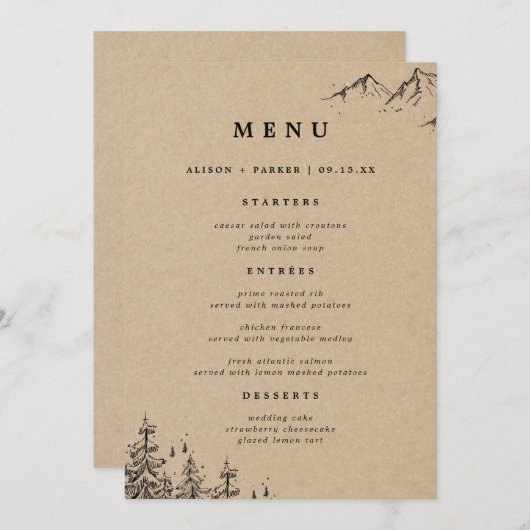 Rustieke Kraft Hand-getrokken bergen & dennen brui Menu (Voorkant / Achterkant)