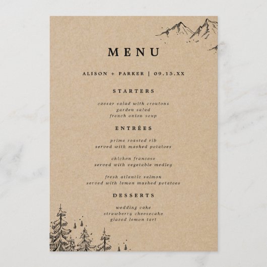 Rustieke Kraft Hand-getrokken bergen & dennen brui Menu (Voorkant)