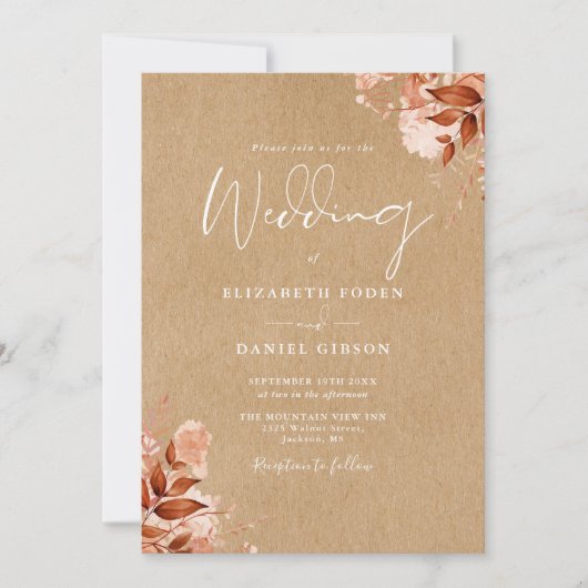 Rustieke Kraft Herfst Herfst Bloemen QR Code Bruil Kaart (Voorkant)