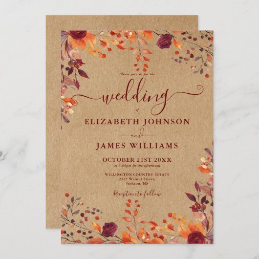Rustieke Kraft Herfst Rustieke Bloembladeren Huwel Kaart (Voorkant / Achterkant)