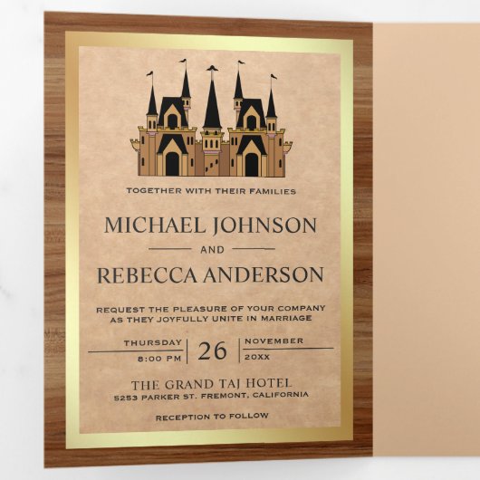 Rustieke Kraft hout sprookje kasteel bruiloft foto Drieluik Uitnodiging (Binnenzijde eerst)