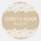 Rustieke Kraft Kant Monogram Huwelijk Ronde Sticker (Voorkant)