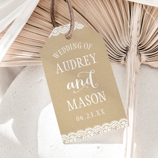 Rustieke Kraft Kant Trouw Monogram Favor Cadeaulabel