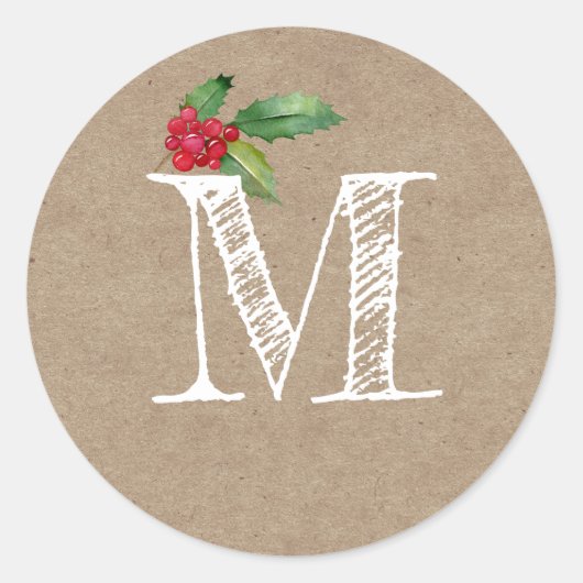 Rustieke Kraft Kerst Holly Monogram Initiaal Ronde Sticker (Voorkant)