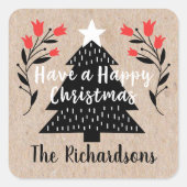 Rustieke Kraft Kerstboom Cadeaubijsluiter Vierkante Sticker (Voorkant)