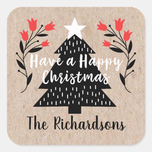 Rustieke Kraft Kerstboom Cadeaubijsluiter Vierkante Sticker (Voorkant)
