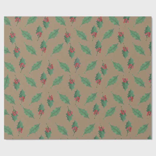 Rustieke Kraft Kerstmis Groene Holly Rode Bessen Cadeaupapier (Vlak)
