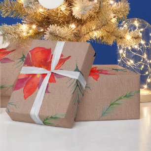 Rustieke Kraft Kleur Wintergroen & Poinsettia Cadeaupapier