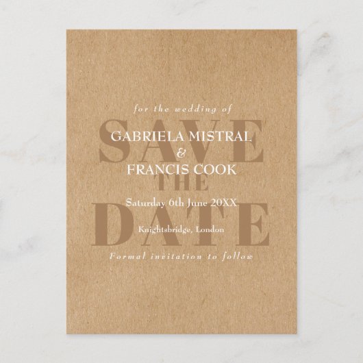 Rustieke Kraft Moderne Elegante Chic Save the Date Briefkaart (Voorkant)
