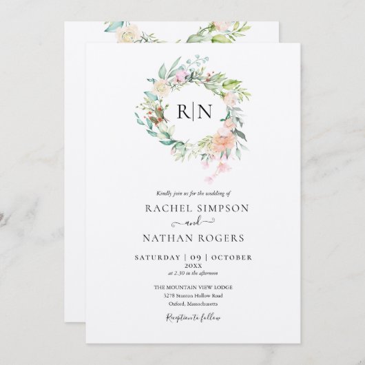 Rustieke Kraft Monogram Rozen Bloemen Bruiloft Kaart (Voorkant / Achterkant)