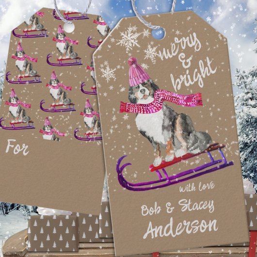 Rustieke Kraft Mountain Dog Merry & Bright Sleddin Cadeaulabel