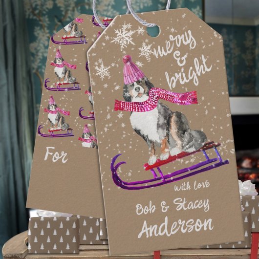 Rustieke Kraft Mountain Dog Merry & Bright Sleddin Cadeaulabel