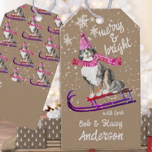 Rustieke Kraft Mountain Dog Merry & Bright Sleddin Cadeaulabel
