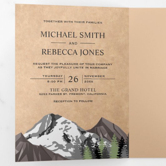  rustieke Kraft Mountain Forest foto bruiloft Drieluik Uitnodiging (Binnenzijde eerst)