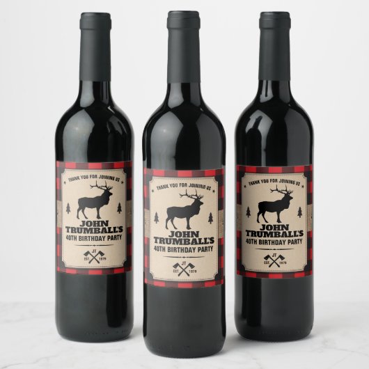 Rustieke Kraft Paper Look Buffalo Plaid met Elk Wijn Etiket (Flessen)