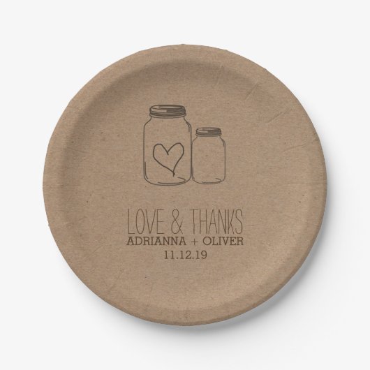 Rustieke Kraft Paper Mason Jars Heart Wedding Papieren Bordje (Voorkant)