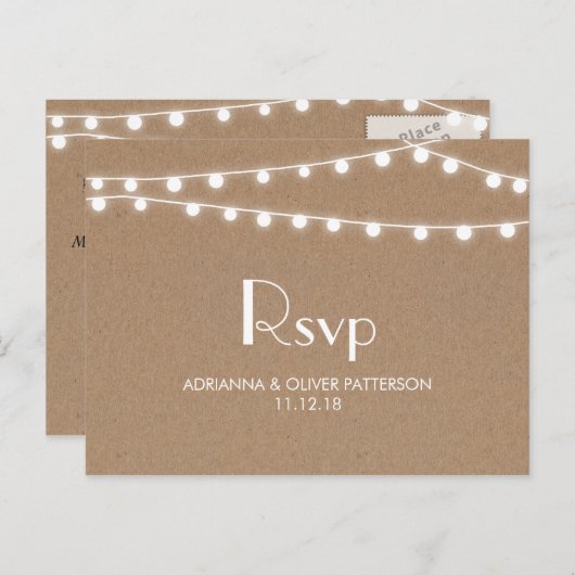 Rustieke Kraft Paper String Lights Wedding RSVP Uitnodiging Briefkaart (Voorkant / Achterkant)