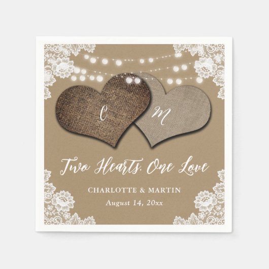 Rustieke Kraft Papier Burlap Kant Monogram Bruilof Servet (Voorkant)