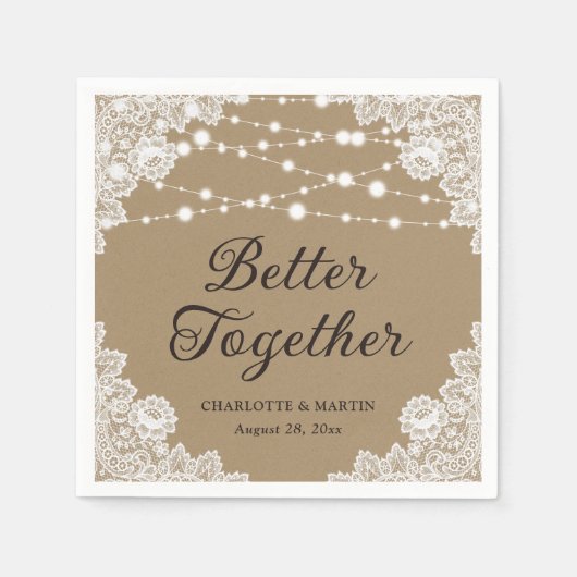 Rustieke Kraft Papier Kant String Lights Bruiloft Servet (Voorkant)