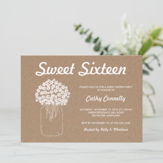Rustieke Kraft Papier Mason Jar Bloemen Sweet Sixt Kaart (Staand voorkant)