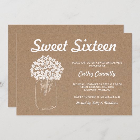 Rustieke Kraft Papier Mason Jar Bloemen Sweet Sixt Kaart (Voorkant / Achterkant)